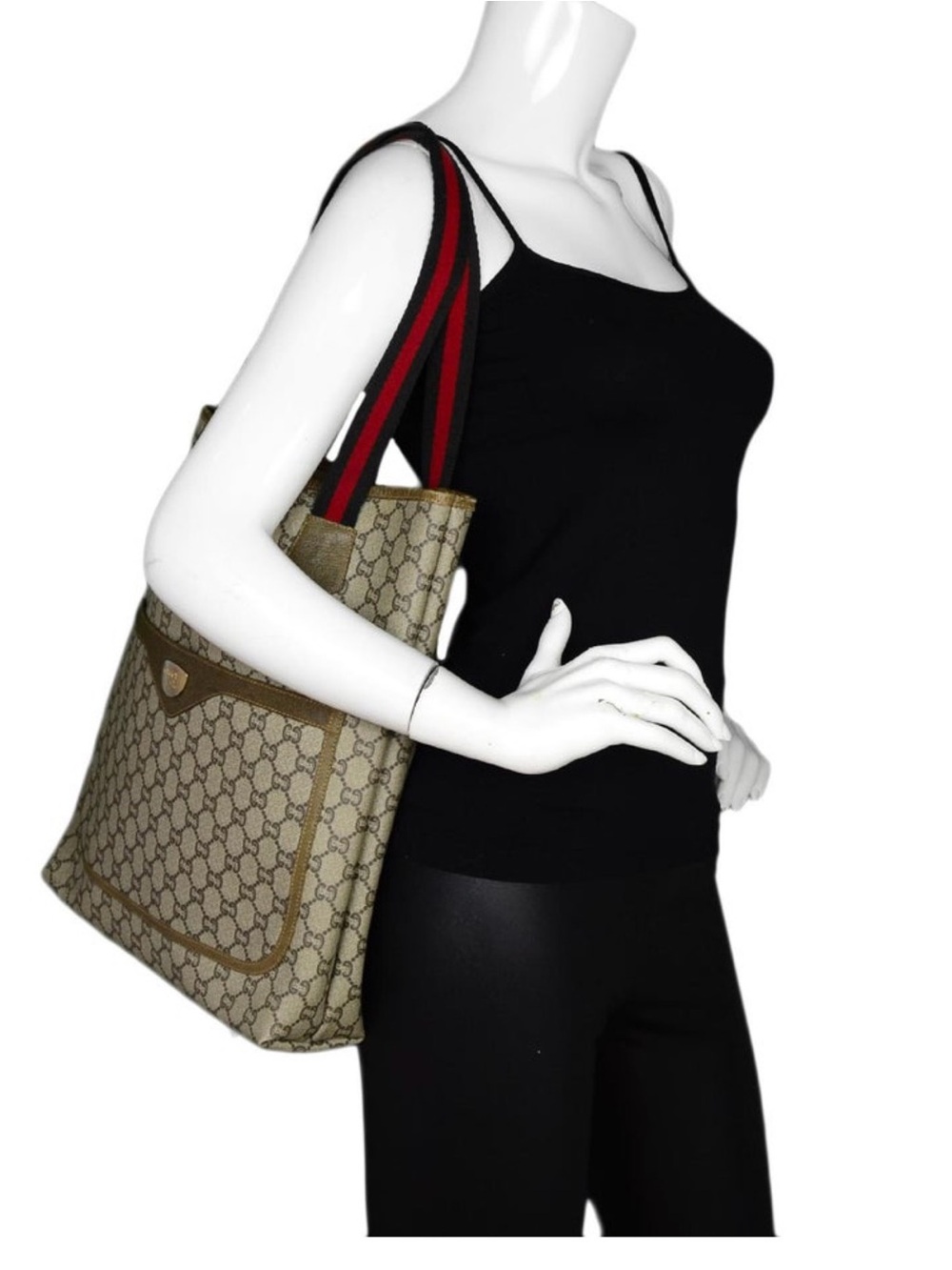 Gucci Beige GG Canvas Tote with Red and Green Web Straps